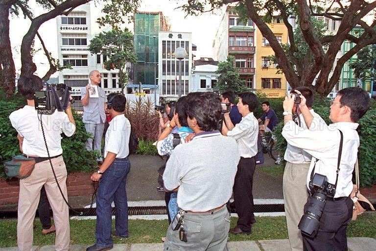 Democratic Progressive Party chief Tan Soo Phuan speaking at the opening day of Speakers' Corner at Hong Lim Park