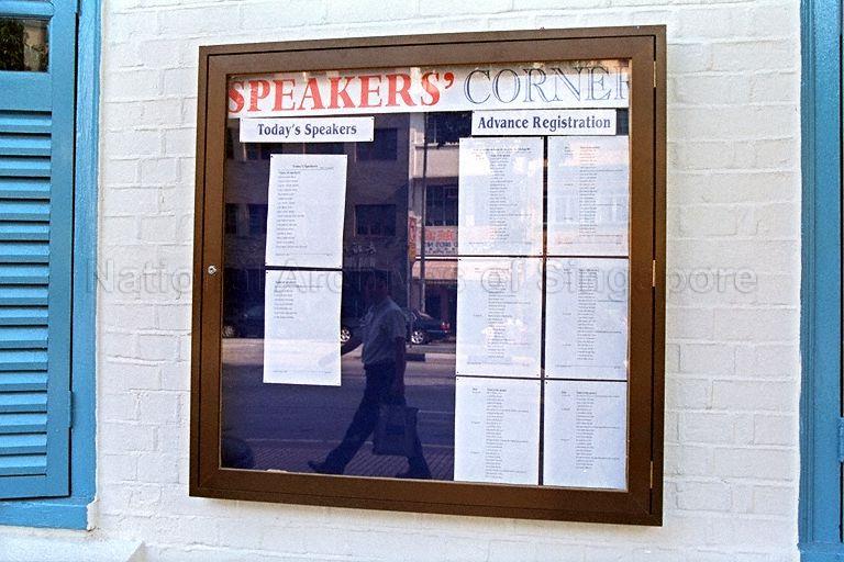 List of speakers on opening day and subsequent days at Speakers' Corner at Hong Lim Park. The list was posted outside Kreta Ayer Neighbourhood Police Post, near Speakers' Corner.