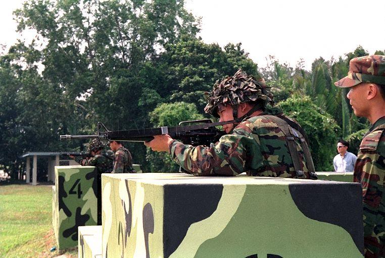 Visit by President S R Nathan to Singapore Armed Forces Basic Military Training Centre at Pulau Tekong - Recruits in training