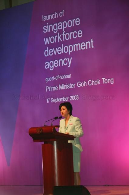 Permanent Secretary to Ministry of Manpower and Chairman of Singapore Workforce Development Agency (WDA) Yong Ying-I speaking at launch of WDA in Singapore Conference Hall. Guest of Honour at the event was Prime Minister Goh Chok Tong.