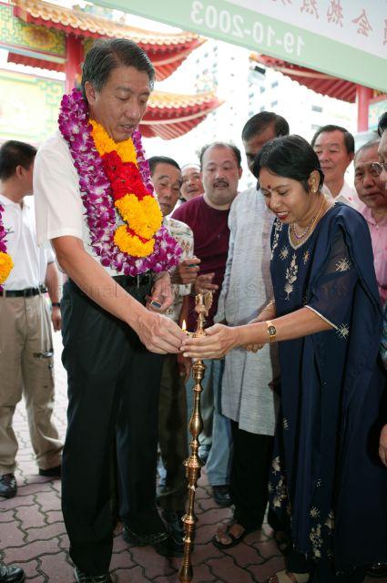 Minister for Defence Rear Admiral Teo Chee Hean (garlanded) meeting members of the Indian community as part of visit to Zhong Yi Tian Ming Temple at Jalan Kayu Division of Ang Mo Kio Group Representation Constituency