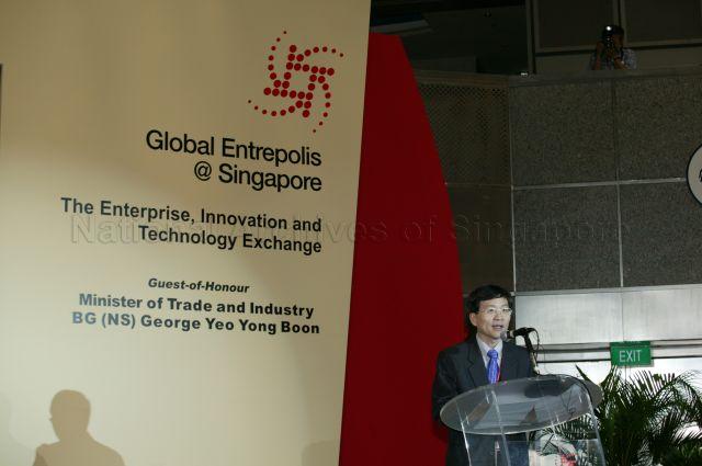 Chairman of Economic Development Board (EDB) Teo Ming Kian speaking at launch of Exhibition of the Enterprise Exchange, which is part of the six-day Global Entrepolis@Singapore 2003, at Suntec International Convention and Exhibition Centre. Guest-of-honour at the event was Minister for Trade and Industry Brigadier-General George Yeo Yong-Boon.