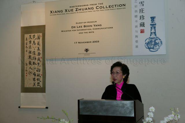 Madam Tan Gek Cheng, daughter of the late Dr Tan Tsze Chor, speaking during opening of Masterworks from Xiang Xue Zhuang Collection donated by family of Dr Tan Tsze Chor at Asian Civilisations Museum, Armenian Street