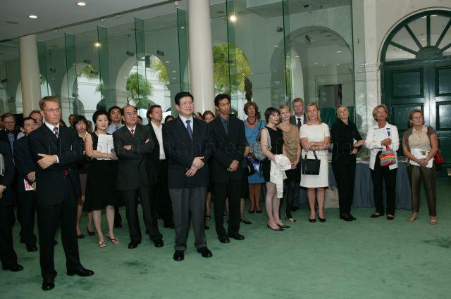 Chairman of Singapore Art Museum (SAM) Kwee Liong Keng (front, second from left), Ambassador of Sweden to Singapore and Brunei Teppo Tauriainen (front, left) and guests listening to guest of honour Minister for Information, Communications and the Arts Dr Lee Boon Yang as he delivers his speech during opening of "swedenmade design 4stories", Singapore's first design exhibition on Swedish contemporary design at SAM.
