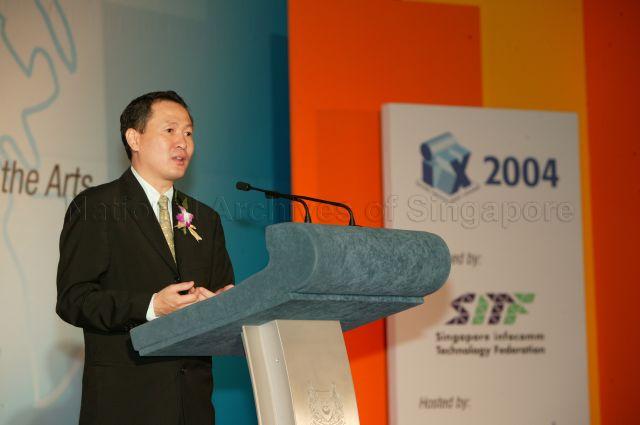 Chairman of Singapore Infocomm Technology Federation Saw Ken Whye speaking at opening ceremony of Infocomm Media Business Exchange at Singapore Expo Conference Hall, 1 Expo Drive