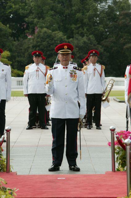 Singapore Armed Forces (SAF) officer and the Ceremonial Band at Istana grounds where a welcome ceremony for visiting Kuwait's Prime Minister Sheikh Sabah Al-Ahmad Al-Jaber Al-Sabah is held