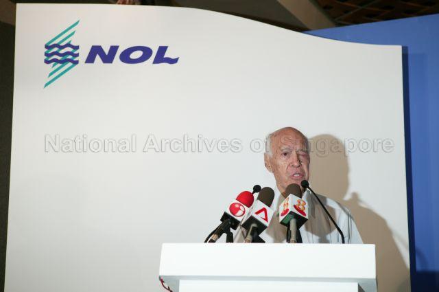 Neptune Orient Lines' (NOL) first Managing Director M J Sayeed speaking during launch of NOL's book "Beyond Boundaries: The First 35 years of the NOL Story" at Fullerton Hotel.