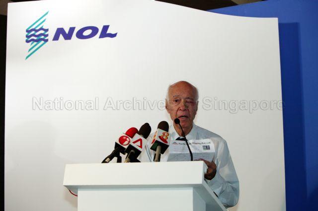 Neptune Orient Lines' (NOL) first Managing Director M J Sayeed speaking during launch of NOL's book "Beyond Boundaries: The First 35 years of the NOL Story" at Fullerton Hotel.