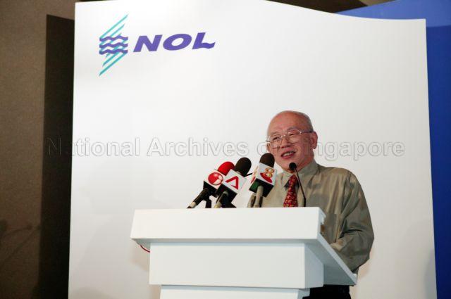 Former Chairman of Neptune Orient Lines (NOL) Lua Cheng Eng speaking during launch of book "Beyond Boundaries: The First 35 years of the NOL Story" at Fullerton Hotel.