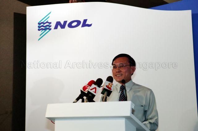 An official speaking during launch of Neptune Orient Lines (NOL) book "Beyond Boundaries: The First 35 years of the NOL Story" at the Fullerton Hotel.