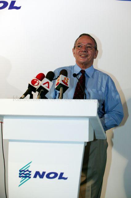 Captain Mark Tozer, Chief Officer on Neptune Topaz, Neptune Orient Lines' (NOL) first ship, speaking during launch of NOL's book "Beyond Boundaries: The first 35 years of NOL story" at Fullerton Hotel