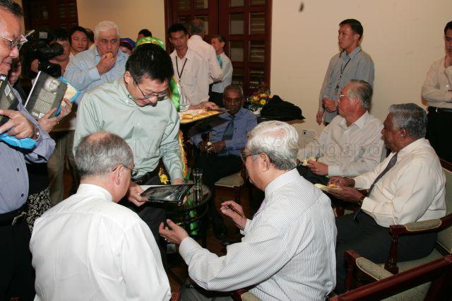 Guests including President S R Nathan and Senior Minister Goh Chok Tong at reception during launch of the book "Flavours of Change: Destiny and Diplomacy, Recollections of a Singapore Ambassador" by Joseph Francis Conceicao, former Member of Parliament for Katong and diplomat, at Eurasian Community House in Ceylon Road