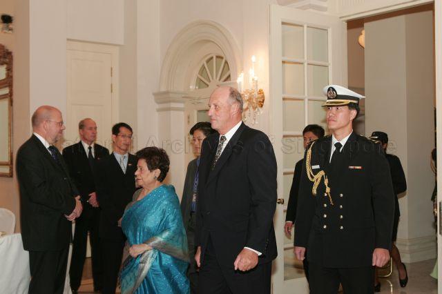 Taken at: Dinner attended by His Majesty King Harald V of Norway hosted by President S R Nathan at the Istana Pictured: Mrs Nathan, wife of President S R Nathan and His Majesty King Harald V of Norway