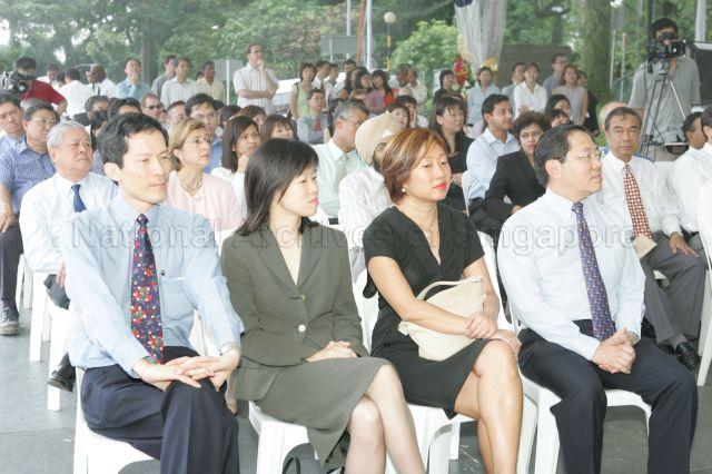 Director of Singapore History Museum Ms Lee Chor Lin (second from right) with Chief Executive Officer of Media Development Authority (MDA) Dr Christopher Chia (left) and Chief Executive Officer of National Arts Council Lee Suan Hiang (right) during foundation stone laying ceremony of National Museum of Singapore at Fort Canning Rise