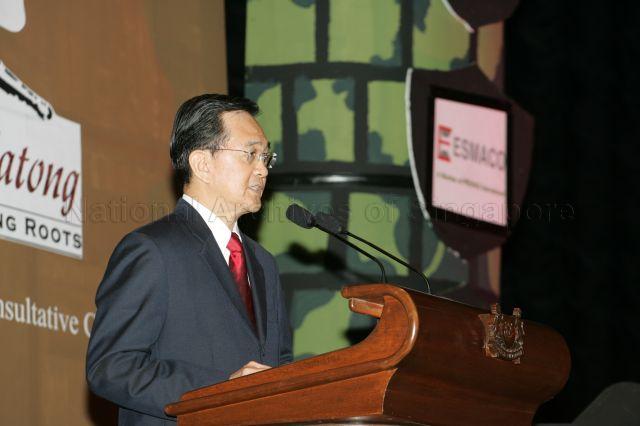 Member of Parliament for Mountbatten Group Representation Constituency Andy Gan Lai Chiang giving a speech at the fundraising dinner in support of Fort Tanjong Katong Raising History Planting Roots Project at Suntec City Convention Centre