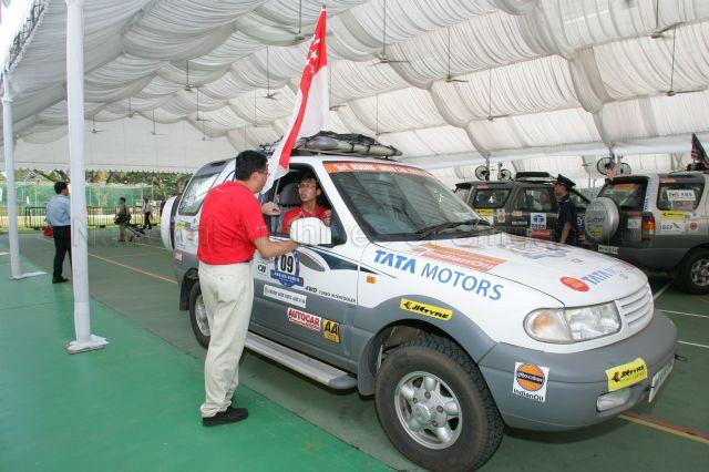 Car driven by Singapore team and sponsored by Tata Motors, the official vehicle supplier and country sponsor of First ASEAN-India Car Rally, being parked on arrival at Singapore Recreation Club at the Padang where a Welcome Carnival for rally participants is held. Guest-of-Honour at the event was Senior Minister Goh Chok Tong.