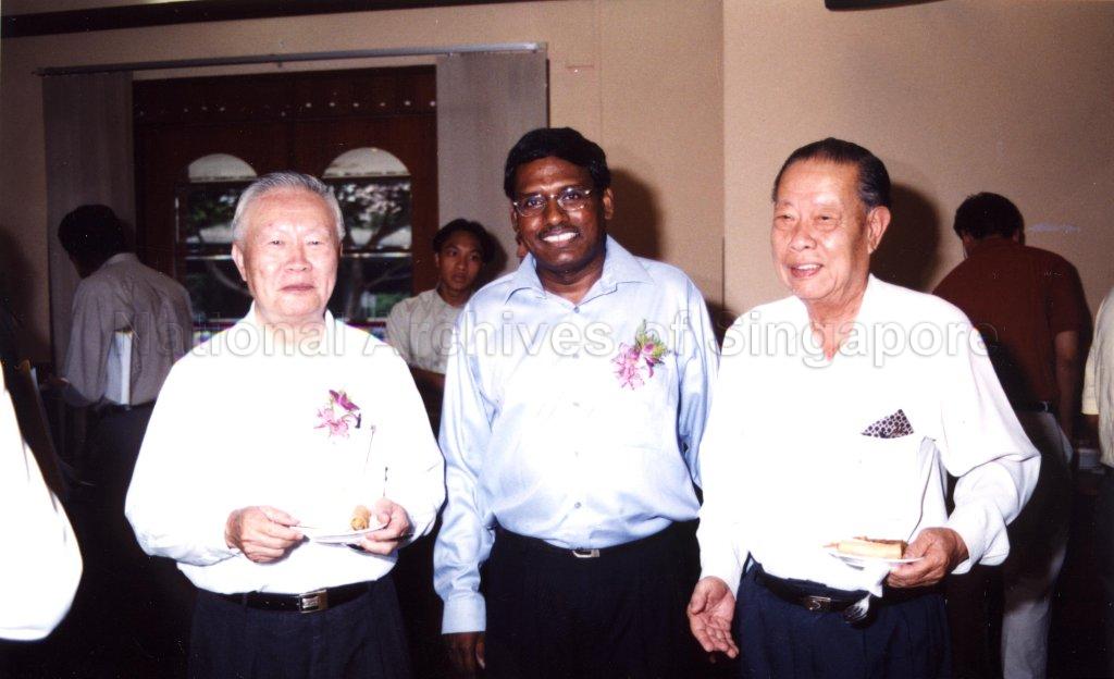 President of Ceylon Sports Club P Raveentheran with Singapore Chinese Recreation Club (SCRC) President Lee Chin Chuan (left) and SCRC Honorary Secretary Low Teck Cheng at reception during an event to mark balestier plain as a historic site