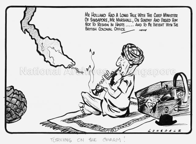 Political cartoon, featuring an Indian snake charmer blowing his pipe for a snake with an eye representing the island of Singapore, to illustrate the attempt by New Zealand Prime Minister Sidney Holland to dissuade Chief Minister of Singapore David Marshall from resigning