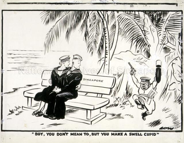 Ink/pencil drawing illustrating the strengthening of ties between Great Britain and the United States vis-a-vis the conflict with Japan which was intensified with the Japanese occupation of French Indochina