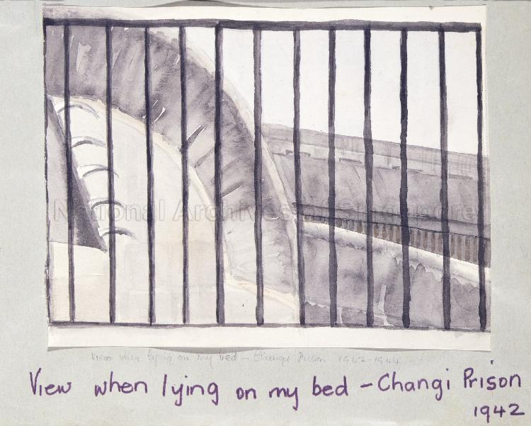 Painting by Lilian Gladys Tompkins, civilian internee in Singapore -- "View when lying on my bed -- Changi Prison"