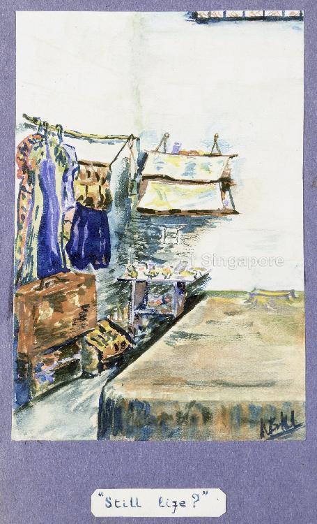 Painting from the Lilian Gladys Tompkins Collection -- interior of cell in Changi Prison
