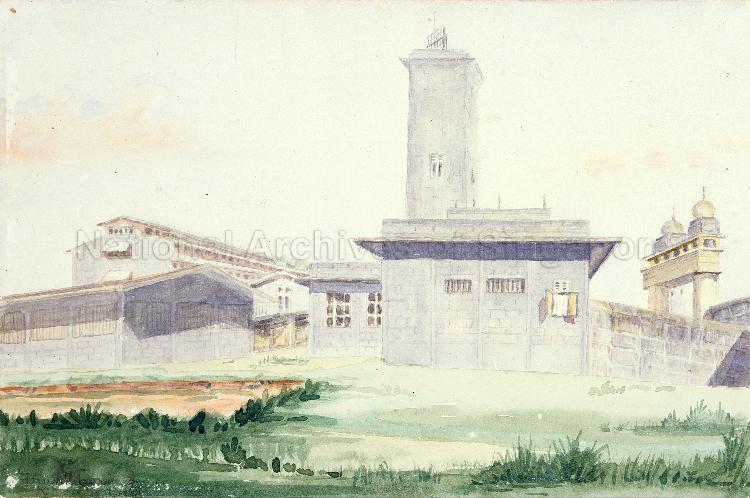 Painting by Lilian Gladys Tompkins, civilian internee at Changi Prison, Singapore -- entrance to the prison