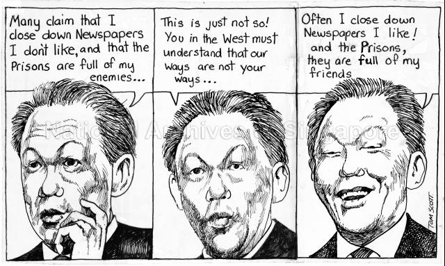 Political satire cartoon in The Listener commenting on the attitude of Singapore's Prime Minister Lee Kuan Yew towards the Western newspapers