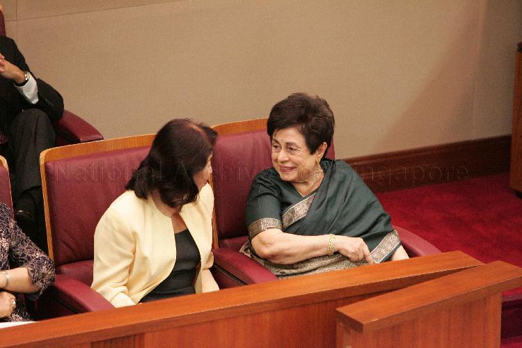 Mrs Nathan, wife of President of Singapore S R Nathan (front row right) and Mrs Goh, wife of Senior Minister of Singapore Goh Chok Tong (front row left) as guests attending Opening of Second Session of 10th Parliament by President S R Nathan
