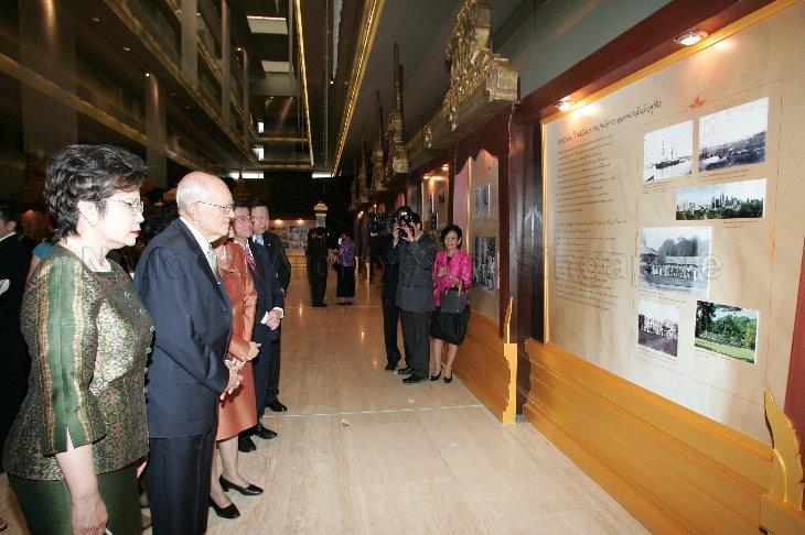 Permanent Secretary of Ministry of Culture of Thailand Khunying Tipawadee Meksawan (left) and Privy Councillor Air Chief Marshal Siddhi Savetsila of Thailand (second from left) viewing exhibits at 'Ode to Friendship: Celebrating Thailand - Singapore Relations' exhibition at Nai Lert Park Hotel, Bangkok, Thailand