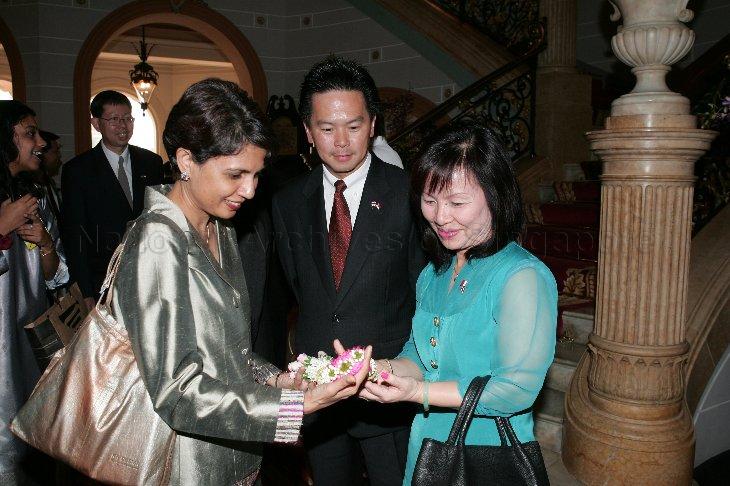 (From right) Members of Parliament for West Coast Group Representation Constituency (GRC) Ms Ho Geok Choo and for Tampines GRC Ong Kian Min with Ms Juthika Ramanathan, President S R Nathan's daughter, at Boromabiman Mansion within the Grand Palace. They accompanied President and Mrs S R Nathan on a five-day state visit to Thailand.