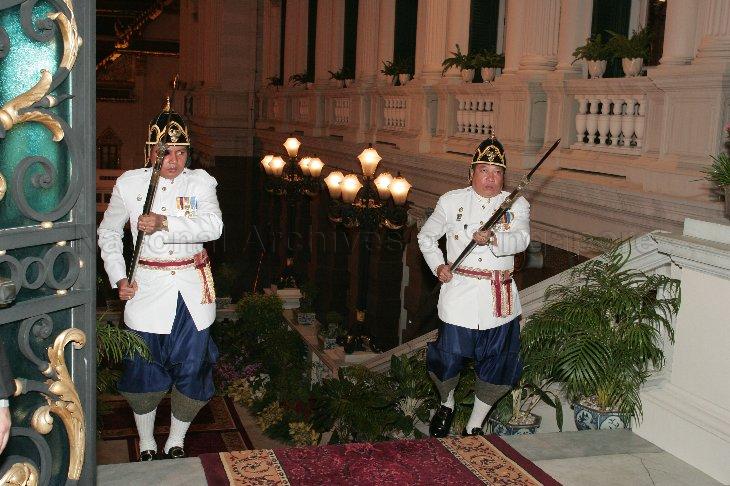 View of guards taken during state banquet for President and Mrs S R Nathan, who are on a five-day state visit to Thailand, given by Their Majesties King Bhumibol Adulyadej and Queen Sirikit of Thailand at Chakri Throne Hall in the Grand Palace, Bangkok