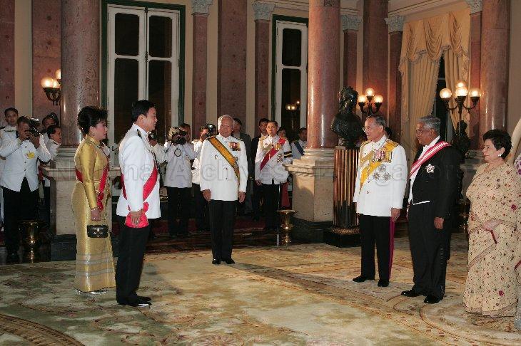 Prime Minister of Thailand Dr Thaksin Shinawatra and wife Potjaman Damapong being introduced to the Thai Royal Family, President and Mrs S R Nathan at state banquet given by Their Majesties King Bhumibol Adulyadej and Queen Sirikit of Thailand at Chakri Throne Hall in the Grand Palace, Bangkok. The Singapore President was on a five-day state visit to Thailand.