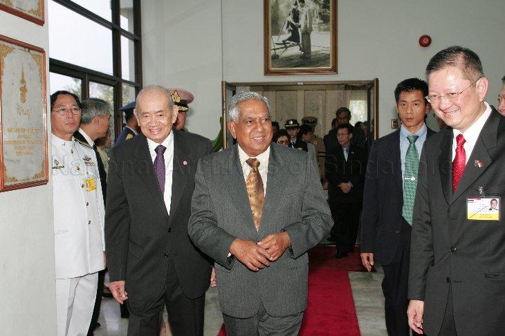 Patron of Singapore Red Cross Society President S R Nathan, who is on a five-day state visit to Thailand, and Chief of Protocol Lim Cheng Hoe (right) of Ministry of Foreign Affairs with Secretary General of the Thai Red Cross Society Phan Wannamethee at the Thai Red Cross Headquarters in Terd Prakiat Building, Bangkok after presentation of a donation from Singapore Red Cross Society to the Thai Red Cross Society