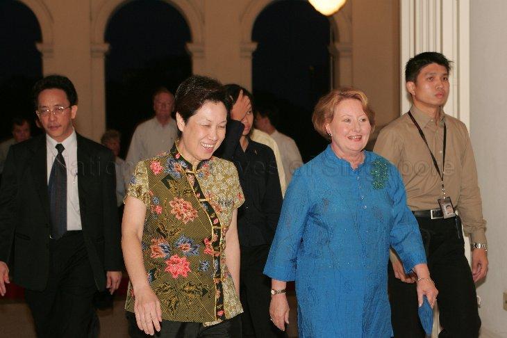 Mrs Janette Howard, wife of Australian Prime Minister (PM) John Howard, with Madam Ho Ching when she arrives at Istana to attend dinner hosted by PM and Minister for Finance Lee Hsien Loong. The Australian PM and his wife arrived in Singapore for a two-day visit after attending the World Economic Forum summit in Davos, Switzerland.
