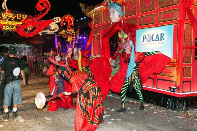 Float sponsored by distributor of 'Polar Natural Mineral Water' driving through Orchard Road during Chingay 2005 procession. Chingay 2005 with the theme 'Parade of Dreams' was attended by Guest-of-Honour President S R Nathan and his wife.