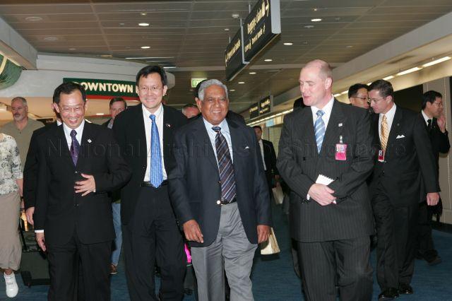 From left, Singapore High Commissioner to Australia Joseph Koh Kok Hong, Acting Second Minister for Finance and Senior Minister of State for Foreign Affairs Raymond Lim Siang Keat, President S R Nathan and Richard Fogarty, Visits Director, Ceremonial and Hospitality Unit, Department of the Prime Minister and Cabinet upon the President's arrival at Sydney Kingsford-Smith International Airport. President and Mrs S R Nathan are on a six-day official state visit to Australia from March 13th to 18th.