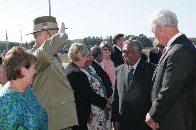 Australian Chief of the Defence Force General Peter Cosgrove saluting President S R Nathan while being introduced by Governor-General of the Commonwealth of Australia, Major-General (Ret) Michael Jeffery at Royal Australian Air Force (RAAF) Fairbairn, Canberra . President and Mrs S R Nathan are on a six-day official state visit to Australia from March 13th to 18th.