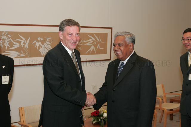 Australian Minister for Defence Robert Hill (left) calls on President S R Nathan at Parliament House, Canberra during President and Mrs S R Nathan's six-day official state visit to Australia from March 13th to 18th