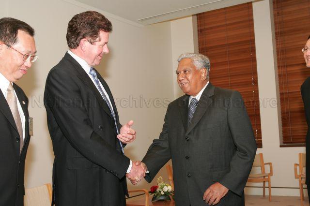 President S R Nathan exchanging greetings with Australian Member of Parliament Peter Slipper from Australia-Singapore Parliamentary Friendship Group (centre) while Singapore High Commissioner to Australia Joseph Koh Kok Hong (left) looks on at Parliament House, Canberra during President and Mrs S R Nathan's six-day official state visit to Australia from March 13th to 18th
