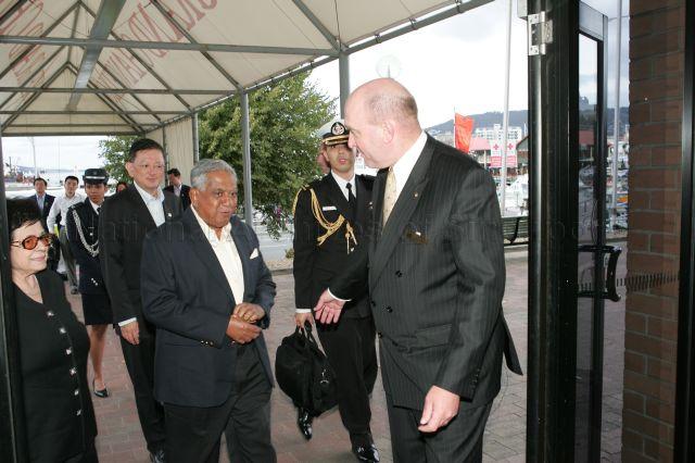 General Manager Mike Ryans (right) of Hotel Grand Chancellor, Hobart, Tasmania welcoming President and Mrs S R Nathan upon their return to the hotel after visiting Tassal's Trout and Salmon Hatchery during their six-day official state visit to Australia from March 13th to 18th