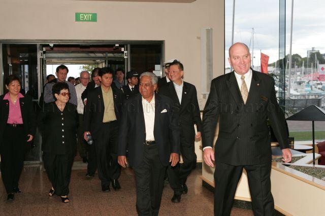 General Manager Mike Ryans (right) of Hotel Grand Chancellor, Hobart, Tasmania accompanying President and Mrs S R Nathan upon their return to the hotel after visiting Tassal's Trout and Salmon Hatchery during their six-day official state visit to Australia from March 13th to 18th