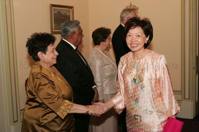 President and Mrs S R Nathan with hosts, Governor of Tasmania William Cox and wife Mrs Jocelyn Cox, receiving wife of Singapore High Commissioner to Australia Joseph Koh Kok Hong during state dinner at Government House, Hobart, Tasmania. President and Mrs Nathan are on a six-day official state visit to Australia from March 13th to 18th.