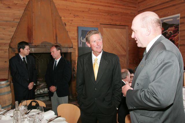 Principal Private Secretary to the President, Tan Eng Beng (left) with Managing Director of Meadowbank Estate Winery Gerald Ellis at lunch hosted by leader of the Legislative Council of Tasmania Michael Aird for President and Mrs S R Nathan at the winery in Cambridge, Tasmania. President and Mrs S R Nathan are on a six-day official state visit to Australia from March 13th to 18th.