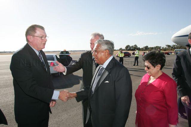 President S R Nathan is being introduced to Neil Yeates, Senior Protocol Officer, Department of the Premier and Cabinet representing the Premier of Western Australia upon President's arrival in Perth during his six-day official state visit to Australia from March 13th to 18th