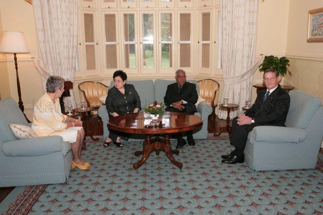 President and Mrs S R Nathan with Governor of Western Australia Lieutenant General John Sanderson (right) and wife Mrs Lorraine Sanderson (left) at Government House, Perth during President and Mrs Nathan's six-day official state visit to Australia from March 13th to 18th. The two leaders will be holding informal discussions.