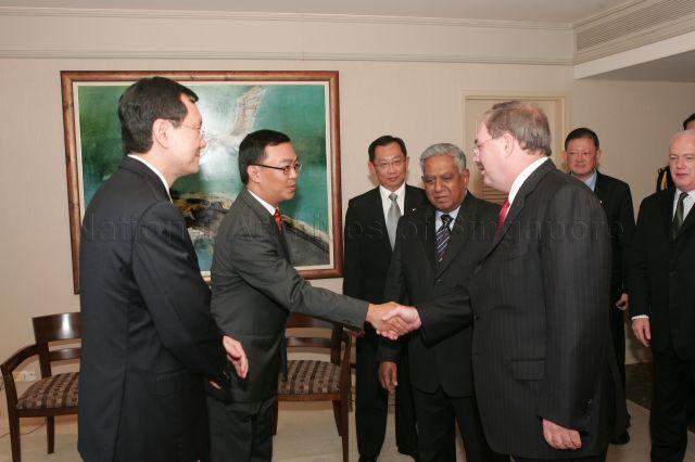 Deputy Premier of Western Australia Eric Stephen Ripper being introduced to Minister of State for Defence and National Development Cedric Foo (second from left) while Acting Second Minister for Finance and Senior Minister of State for Foreign Affairs Raymond Lim Siang Keat (left) and President S R Nathan look on. President and Mrs Nathan are visiting Perth while on a six-day official state visit to Australia from March 13th to 18th.