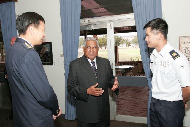 President S R Nathan talking with Colonel Kevin Teoh (left), Commander of Republic of Singapore Air Force (RSAF) Flying Training School based at Royal Australian Air Force (RAAF) Base Pearce and officer at Officers Mess Annex. President and Mrs Nathan who are attending an informal lunch there are on a six-day official state visit to Australia from March 13th to 18th.