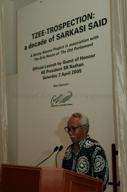 Prominent local artist and former student of Beatty Secondary School Sarkasi Said speaking at the launch of the "Tzee-trospection: A Decade of Sarkasi Said" exhibition at the Arts House at the Old Parliament Building. Guest-of-Honour at the launch was President S R Nathan