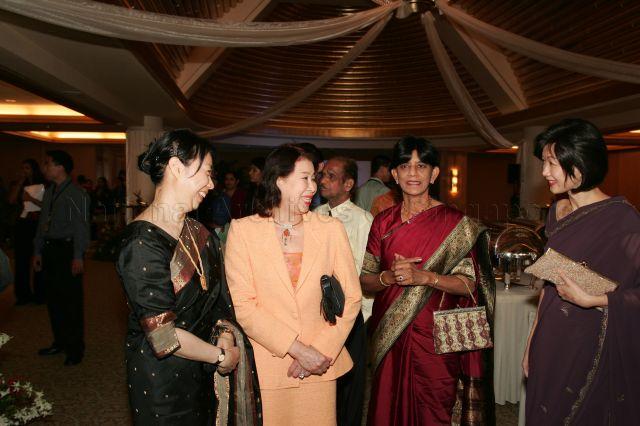From right, Ms Joy Chia (wife of Acting Minister for Community Development, Youth and Sports and Senior Minister of State, Ministry of Trade and Industry Vivian Balakrishnan), Mrs S Jayakumar (wife of Deputy Prime Minister and Minister for Law), Mrs Goh Chok Tong (wife of Senior Minister) and Ms Jane Ittogi (wife of Minister for Education Tharman Shanmugaratnam) in conversation during the Indian Community Dinner held at Ritz Carlton Hotel