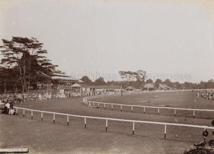 Race course off Serangoon Road, as viewed from the verandah of the Golf Club pavilion. The grandstand is visible on left.